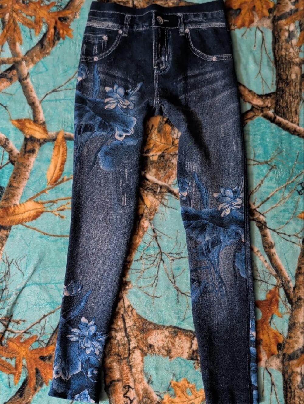 Women's Blue Floral Print Leggings - Picture 2 of 6